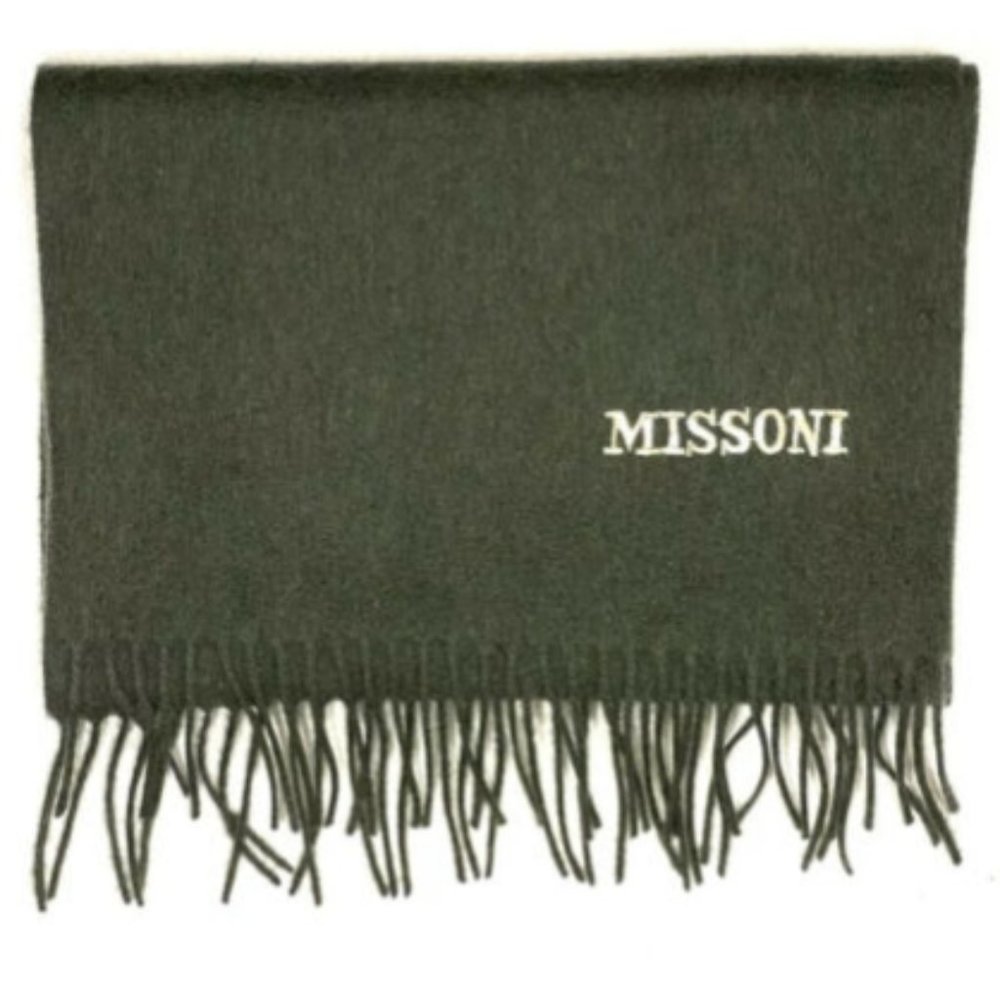 Missoni Olive Green 100% Wool Scarf Classic with fringe